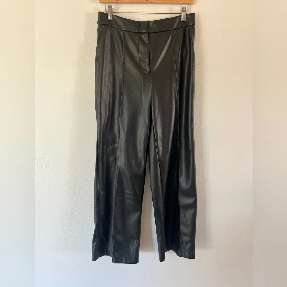 Nine West Mineral Black Pleated Faux Leather Wide Leg Trouser Pants Size 6‎